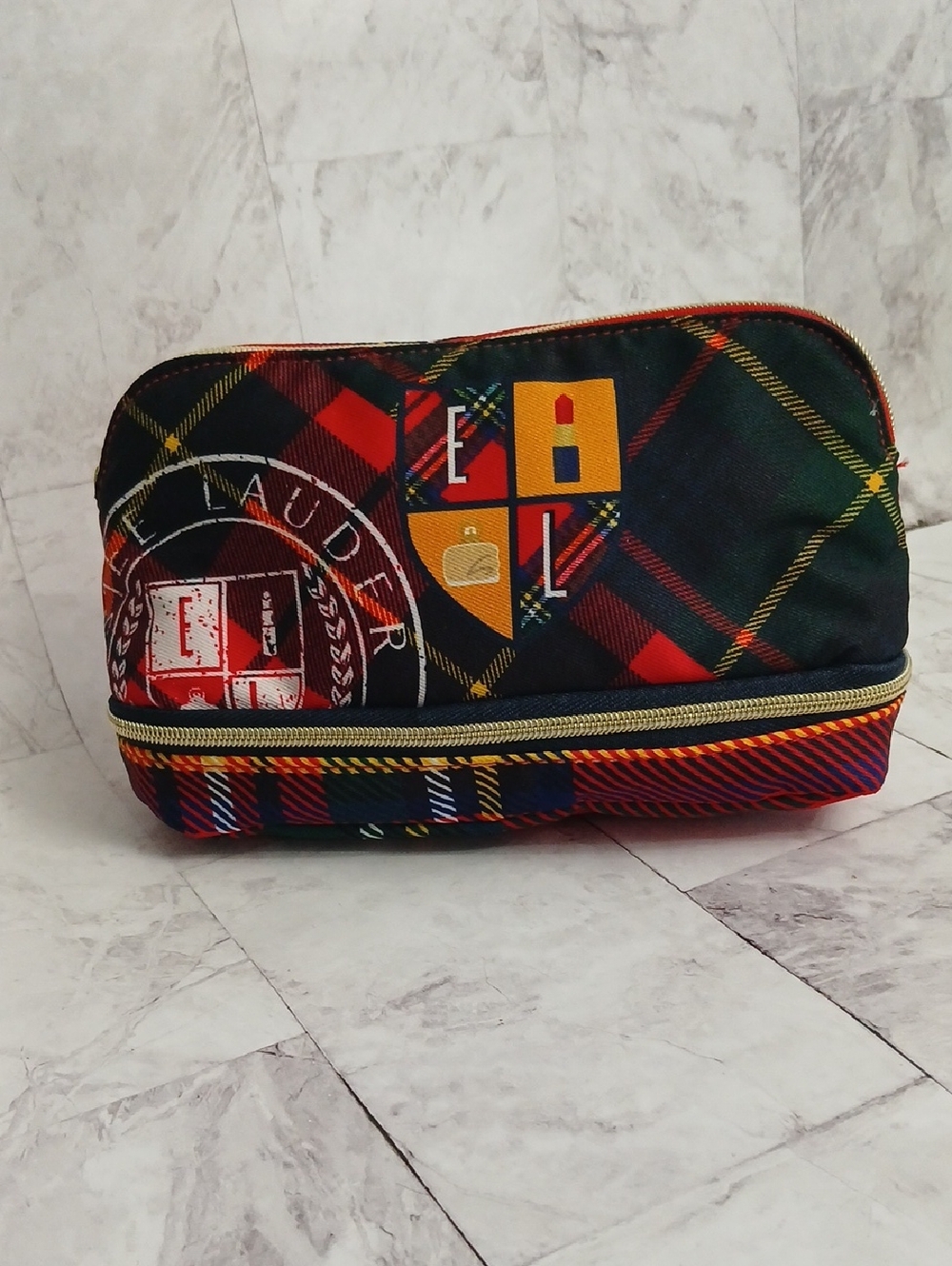 Estee Lauder Green and Red Plaid Toiletry Pouch